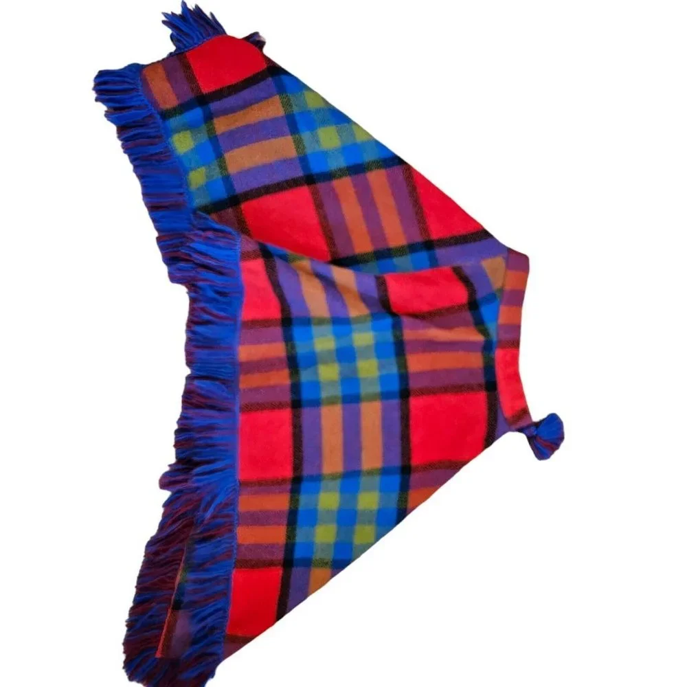 70s Pioneerwear Womens XS Wool Plaid Skirt Fringe Assymetrical Red‎ Blue Boho